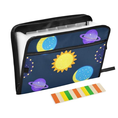 Bürobedarfsmappen, 13 Taschen, A4, Briefgröße mit Reißverschluss, für Geschäft, künstlicher Glitzer, Cartoon-Universum, Sonne, Mond, Para Guardar Documentos von siphylline