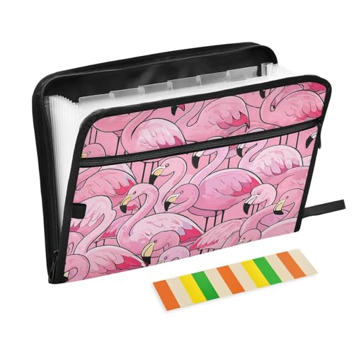 Dokumentenmappe, 13 Taschen, A4, Briefgröße mit Reißverschluss, für Dokumentenaufbewahrung, Cartoon, niedliche Flamingos, rosa Teppiche von siphylline