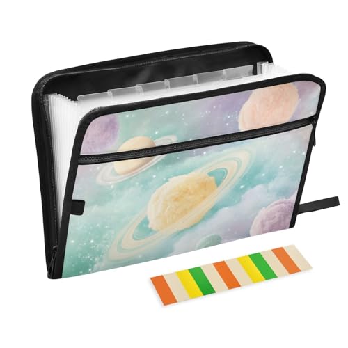 Dokumentenmappe mit Taschen, 13 Taschen, A4, Briefgröße mit Reißverschluss, für Dokumentenaufbewahrung, Cartoon, niedlich, bunt, Plüsch-Planeten-Organizer von siphylline