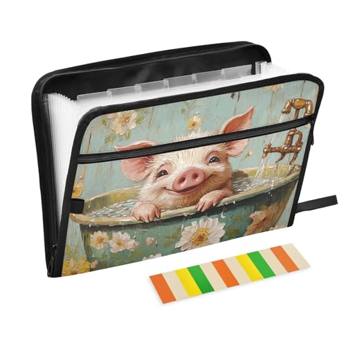 Fächermappe, 13 Taschen, A4, Briefgröße mit Reißverschluss, für Papiere, süßes Haustier, Schwein, Retro-Badewanne, Carpeta de von siphylline