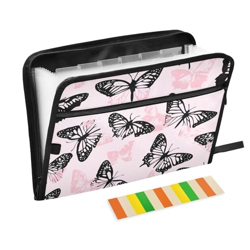 Fächermappe mit 13 Fächern, A4, Briefformat, mit Reißverschluss, für Bürobedarf, Blush Black Butterfly para guardar von siphylline