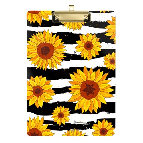 Klemmbrett mit Sonnenblumen-Motiv, weiß und schwarz, gestreift, Kunststoff, für Klassenzimmer, für Lehrer, Gymnasium, Größe 22,9 x 30,5 cm von siphylline