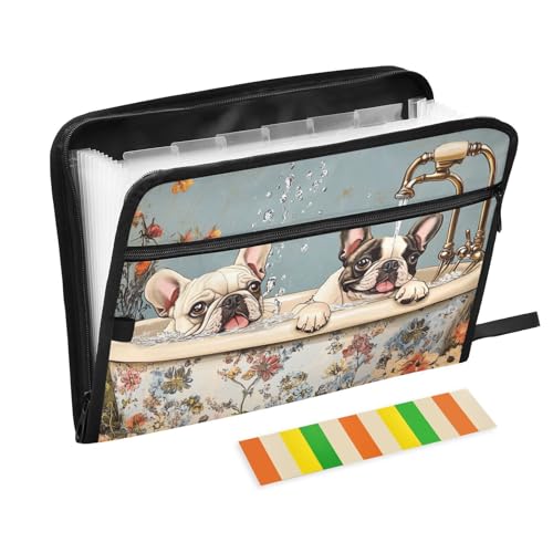 Quittungs-Organizer mit 13 Taschen, A4-Format, mit Reißverschluss, für die Arbeit, Cartoon, Französische Bulldogge, Retro, ausziehbare Badewanne von siphylline