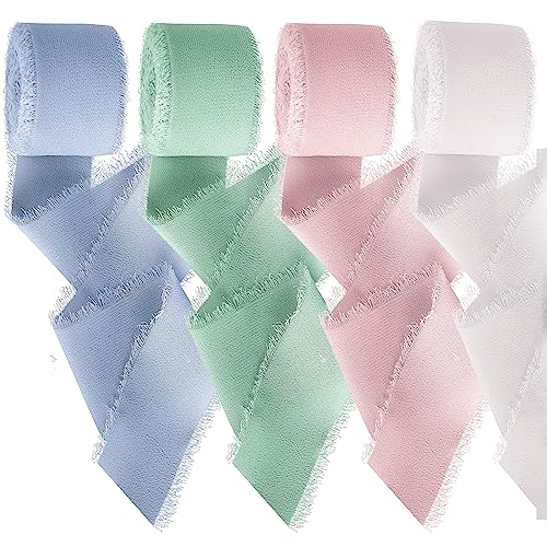 4 Rollen Chiffonband Schleifenband 4cm x 5m, Geschenkband zum Verpacken Weiß Grün Rosa Blau, Stoffband für Blumensträußen Seidenband für Hochzeit Geburtstag Party (4 Farbe) von sitarcmin