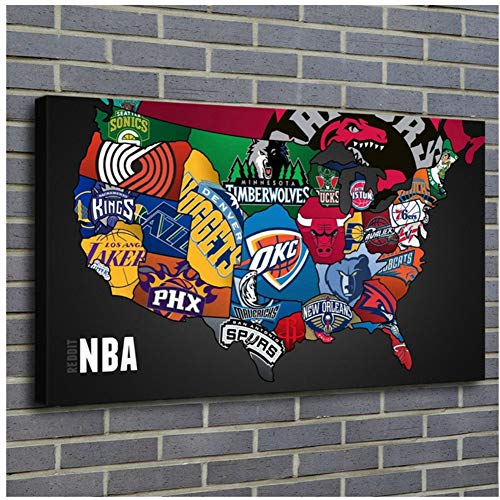 sjkkad NBA Team Logos, NBA Teams Karte 1P Gemälde Drucken auf Leinwand HD Abstrakte Leinwand Malerei Büro Wandkunst Wohnkultur Wandbilder -50x90cm Kein Rahmen von sjkkad