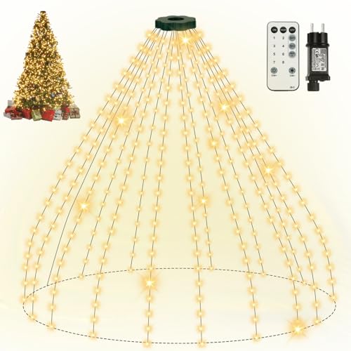 Lichterkette Weihnachtsbaum mit Ring, 2.5M 16 Stränge 400 LED IP65 Wasserdicht Lichterkette außen mit 5 m Zuleitung weihnachtsbeuleuchtung innen 8 Modi Timer für 150, 180, 240cm Tannenbaum- Warmweiß von skelo