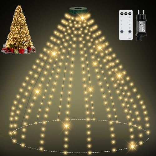 Lichterkette Weihnachtsbaum mit Ring, 2.5M 16 Stränge 400 LED IP65 Wasserdicht Lichterkette außen mit 5 m Zuleitung weihnachtsbeuleuchtung innen 8 Modi Timer für 150, 180, 240cm Tannenbaum- Warmweiß von skelo