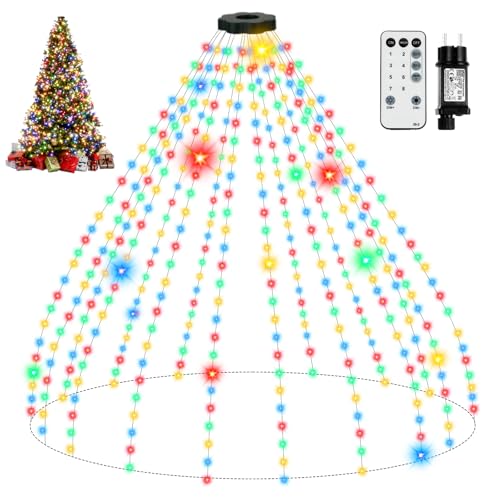 Lichterkette Weihnachtsbaum mit Ring, 2.5M 16 Stränge 400 LED IP65 Wasserdicht Lichterkette außen mit 5 m Zuleitung weihnachtsbeuleuchtung innen 8 Modi Timer für 150, 180, 240cm Tannenbaum - RGB von skelo