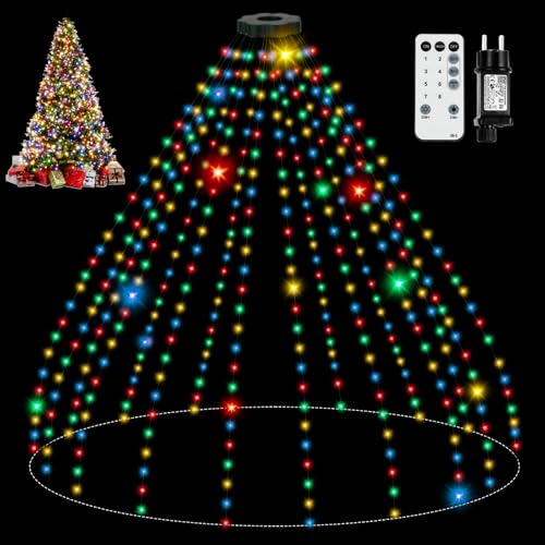 Lichterkette Weihnachtsbaum mit Ring, 2.5M 16 Stränge 400 LED IP65 Wasserdicht Lichterkette außen mit 5 m Zuleitung weihnachtsbeuleuchtung innen 8 Modi Timer für 150, 180, 240cm Tannenbaum - RGB von skelo