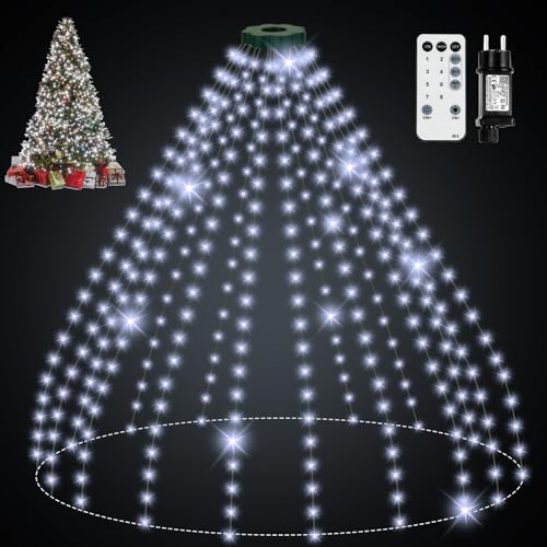 Lichterkette Weihnachtsbaum mit Ring, 2.5M 16 Stränge 400 LED IP65 Wasserdicht Lichterkette außen mit 5 m Zuleitung weihnachtsbeuleuchtung innen 8 Modi Timer für 150, 180, 240cm Tannenbaum - weißes von skelo