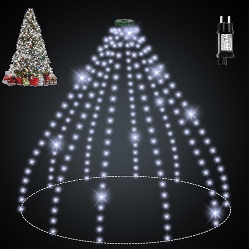 skelo Lichterkette Weihnachtsbaum mit Ring, 2M 10 Stränge 200 LED IP65 Wasserdicht Lichterkette außen mit 5 m Zuleitung weihnachtsbeuleuchtung innen 8 Modi für 150, 180, 240cm Tannenbaum - weißes von skelo