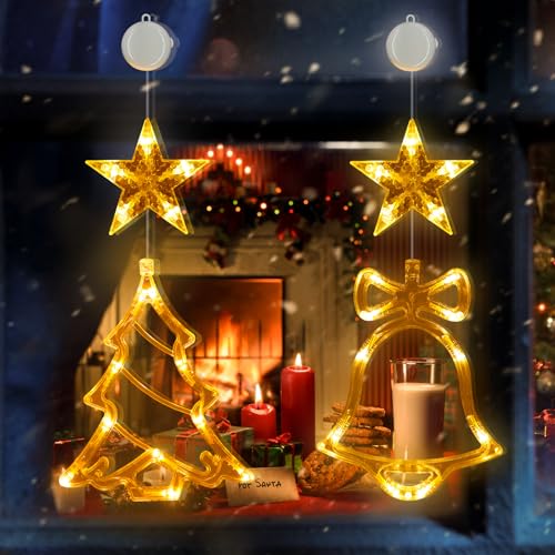 Weihnachtsbeleuchtung Innen 2 Stück 30 LED Weihnachtsdeko Fenster Batteriebetriebene mit Timer 2 Modi Saugnäpfe Lichtervorhang LED Sterne Weihnachtsbaum Glocke für Weihnachten Deko Party Warmweiß von skelo