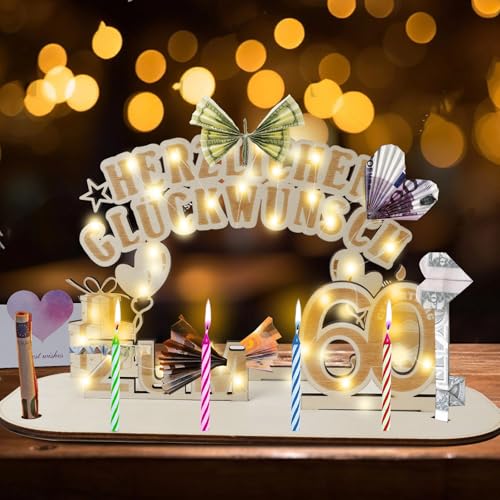 skelo 60 Geburtstag Geschenk Frauen & Männer, 60. Geldgeschenke Geburtstag mit LED Lichterkette, Personalisierbares Holz Schild Gästebuch, Voller Kreativität 60 Geburtstag Deko, Leichte beim Aufbau von skelo