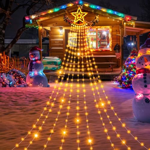 skelo Lichterkette Weihnachtsbaum mit Sterne,350 LED 3.5M X9 IP65 Wasserdicht Lichterkette außen, weihnachtsbeuleuchtung innen 8 Modi, für 150, 180, 240，300cmTannenbaum (Warmweiß) von skelo