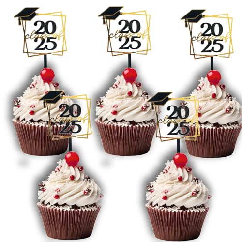 Skyrabbiter Acryl Tortendekoration für Abschlussfeier 2025, 5 Stück, Schwarz und Gold, Abschlussfeier Cupcake toppers, Bachelor Hut Deko, Abschluss Deko für Graduation Abschlussparty Dekoration (5, A) von skyrabbiter