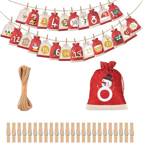 Skyrabbiter Weihnachtskalender Tasche, 24 Papiertüten Weihnachten, Zahlen Aufkleber, Holz Klammern, Juteschnur Weihnachten selber basteln, Geschenktüten zum Basteln und Verschenken kinder (A) von skyrabbiter