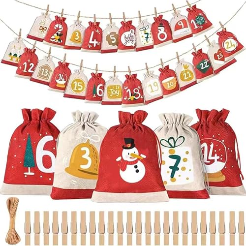 Skyrabbiter Weihnachtskalender Tasche, 24 Papiertüten Weihnachten, Zahlen Aufkleber, Holz Klammern, Juteschnur Weihnachten selber basteln, Geschenktüten zum Basteln und Verschenken kinder (B) von skyrabbiter