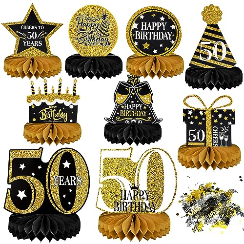 skytowards 9 STK 50. Geburtstag Tischdeko Set Vintage Bienenwaben Deko Tischaufsätze Party Zubehör 50 Geburtstag Dekoration Schwarz Gold mit Happy Birthday Konfetti Gold für 50 Geburtstag Frau Mann von skytowards