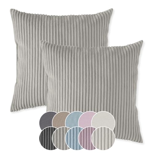 sleepling 2er Set 40 x 40 cm, Kord Sofakissen mit Füllung und Bezug, Zierkissen aus robustem Polsterstoff, Dekokissen, Kopfkissen, Kissen für Couch, steingrau von sleepling