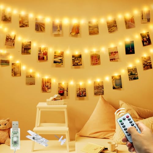 120 LED Foto Clip Lichterkette, USB Plug in Fernbedienung mit 8 Modi Foto Peg Lichterkette mit 60 Clips & 20 Nägel Hängende String Fotorahmen Dekoration für Schlafzimmer Hochzeit Party Geburtstag von slochi