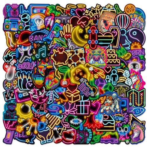 slothbyte Aufkleber 100 Stück Neon Sticker Set Wasserfeste Vinyl Sticker Decals Coole Graffiti Sticker für Laptop Skateboard Scrapbook Trinkflasche Handy Tagebuch Tassen Moped Fahrrad Koffer usw von slothbyte