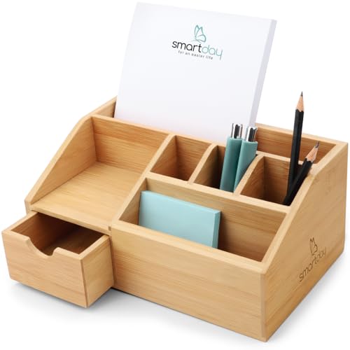 smartday Schreibtisch-Organizer aus Holz mit Schublade - Stiftebox, Schreibtischablage Büro Organizer I Ablage, Stiftehalter aus Bambus für Schreibtisch, Büro, Home-Office von smartday