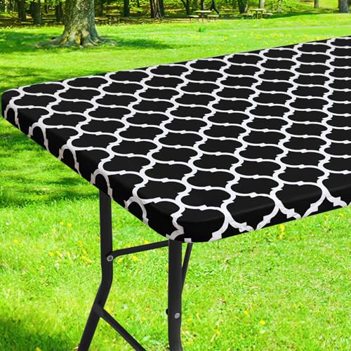 Smiry Elastische Vinyl-Tischdecke, 76,2 x 183,9 cm, Flanell-Rückseite, rechteckige Tischdecke für 1,8 m Klapptisch, wasserdicht, abwischbar, für Herbst-Picknick, Halloween-Partys, schwarz marokkanisch von smiry