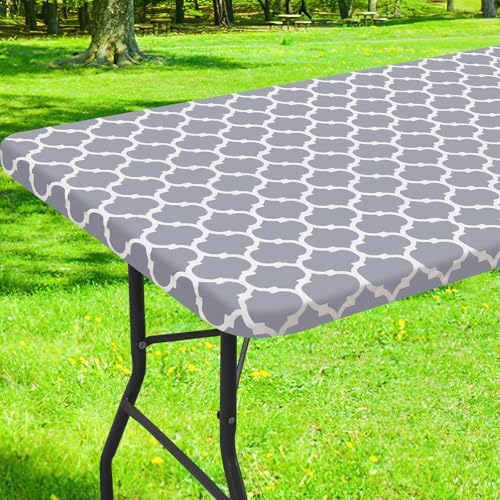 smiry Rechteckige Picknick-Tischdecke, wasserdicht, elastisch, passend für 1,8 m große Tische, abwischbare Vinyl-Tischdecken mit Flanellrückseite, für Camping, drinnen und draußen (Grau Marokko, 76,2 von smiry