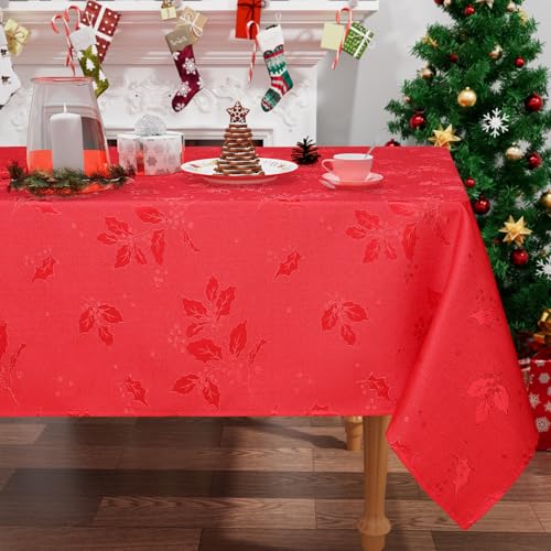 smiry Tischdecke Weihnachten Abwaschbar 130x160 cm Rot mit Stechpalmenblättern Jacquard Weihnachtstischdecke Wasserabweisend Lottusffekt Tischtuch Fleckschutz für Küche Party Deko von smiry