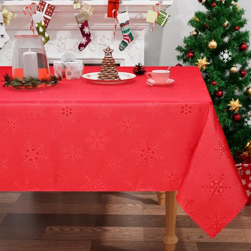 smiry Tischdecke Weihnachten Abwaschbar 140x100 cm Rot mit Schneeflocken Jacquard Weihnachtstischdecke Wasserabweisend Lottusffekt Tischtuch Fleckschutz für Küche Party Deko von smiry