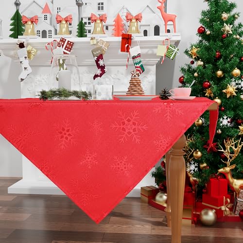 smiry Tischdecke Weihnachten Abwaschbar 80x80 cm Rot mit Schneeflocken Jacquard Weihnachtstischdecke Wasserabweisend Lottusffekt mitteldecke Fleckschutz für Küche Party Deko von smiry