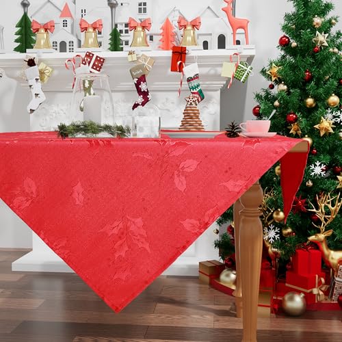 smiry Tischdecke Weihnachten Abwaschbar 80x80 cm Rot mit Stechpalmenblättern Jacquard Weihnachtstischdecke Wasserabweisend Lottusffekt mitteldecke Fleckschutz für Küche Party Deko von smiry