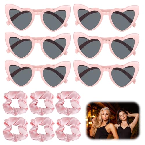 smtfcty 12 Stück JGA Brille Team Braut Haargummi,Bride Partybrille Herz Sonnenbrille,6 Herzförmige Brille + 6 Bride Haargummi Jungesellinnenabschied Frau Accessoires,JGA Deko Accessoires von smtfcty