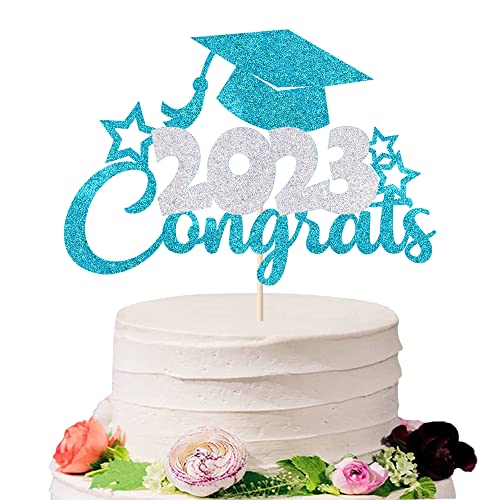 Sodasos Congrats 2023 Kuchendekoration, Klasse 2023 Congrats Cake Topper, High School Abschluss, College Graduate Urkunde Kuchendekoration (Silber und Blau) von sodasos