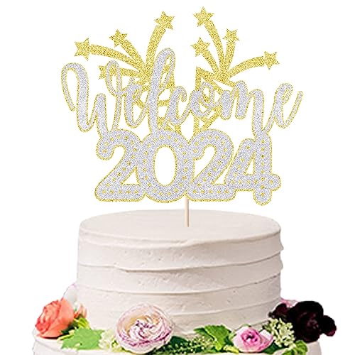 Sodasos Willkommen 2023 Kuchenaufsatz, Happy New Year 2023 Partyzubehör, Happy New Year Cake Topper, Silvester, Weihnachten, Happy Holidays Party Dekorationen (Gold und Silber) von sodasos