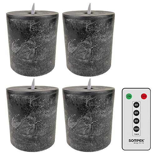 sompex LED Kerzen mit Timerfunktion und flackernder Flamme, anthrazit ⌀ 10cm, Höhe 10,5cm, Adventskranz 4er Sets, Weihnachtsdeko, LED Deko, Stumpenkerzen (4er Set mit Fernbedienung) von sompex