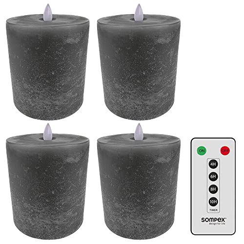 Sompex LED Kerzen mit Timerfunktion und flackernder Flamme, grau ⌀ 10cm, Höhe 10,5cm, Adventskranz 4er Sets, Weihnachtsdeko, LED Deko, Stumpenkerzen (4er Set mit Fernbedienung) von sompex