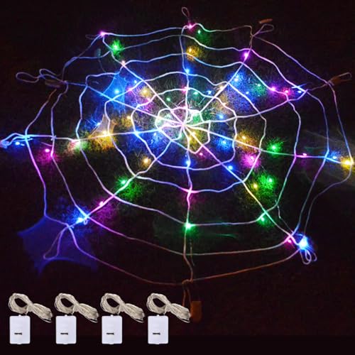 songyea Halloween Spinnennetz Deko, 3,6 m 9-Schleifennetz DIY dekoratives Spinnennetz mit 4 Lichterketten (Farbe, Insgesamt 120 LEDs) für Haushof Garten Indoor Outdoor (Farbe) von songyea