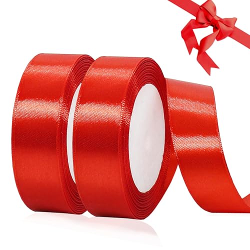 Soodyoow 44 Meters Geschenkband Rot, 2 Rollen Satinband Rot 20mm Breit, Schleifenband Rotes, Rotenes Geschenk Band für Weihnachten Taufe Geburtstag Deko Geschenkverpackung, Hochzeitsdekoration von soodyoow