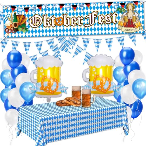 Oktoberfest Deko Set, Oktoberfest Ballon Dekoration | Bayrisch Dekoration + 1x Oktoberfest Banner + 10m Wimpel Girlande + 30 Luftballons + 2x Folienluftballons + Oktoberfest Tischdecke von sopalmy