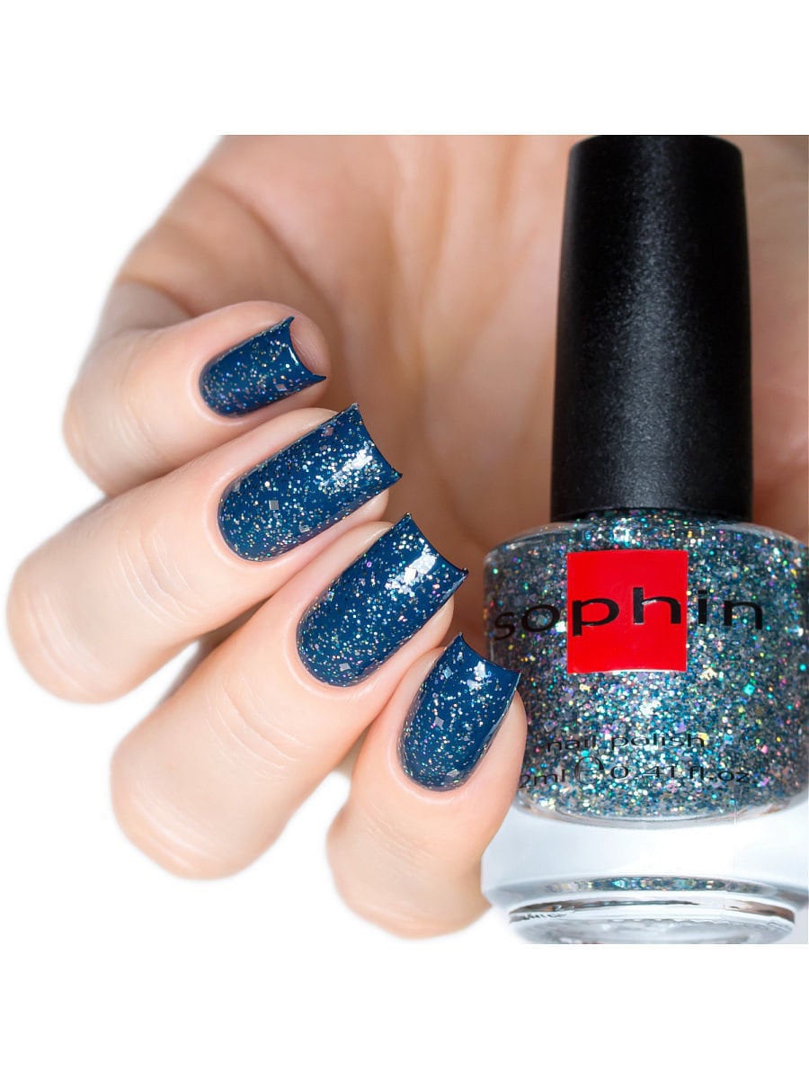 Spezial Effekt Multicolour Blau Nagellack. Sophin 0329. Funkelnder Decklack, Festliche Glitzer Maniküre von sophincosmetics