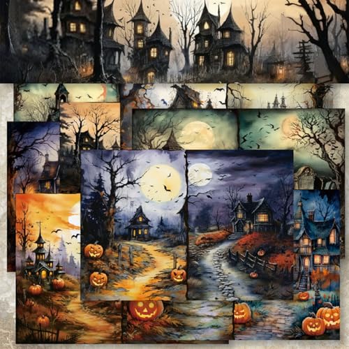 16 Blatt A5 Halloween Musterpapier, 21,1 x 14,5 cm, gemustertes Papier, Scrapbooking-Zubehör, Papier, dunkles Schloss, Kürbis, Fledermaus, dekoratives Bastelpapier für selbstgemachte von sorkwo