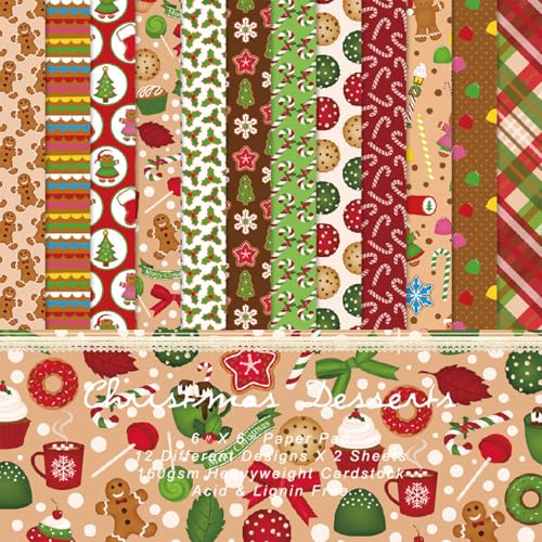 sorkwo 24 Blatt Weihnachten Desserts Muster Papier, 15,2 x 15,2 cm Weihnachten Scrapbooking Supplies Papier Dekoratives Bastelpapier für DIY Kartenherstellung Fotoalbum Junk Journal Dekor von sorkwo