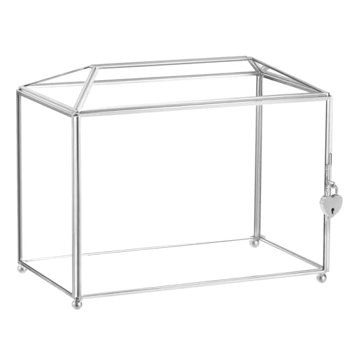 sourcing map 10" Glas Hochzeitskartenbox mit Schloss, klare Kartenbox Hochzeitsdekoration für Empfänge, Abschlussfeiern, Geschenkkarten, Party, Silber von sourcing map