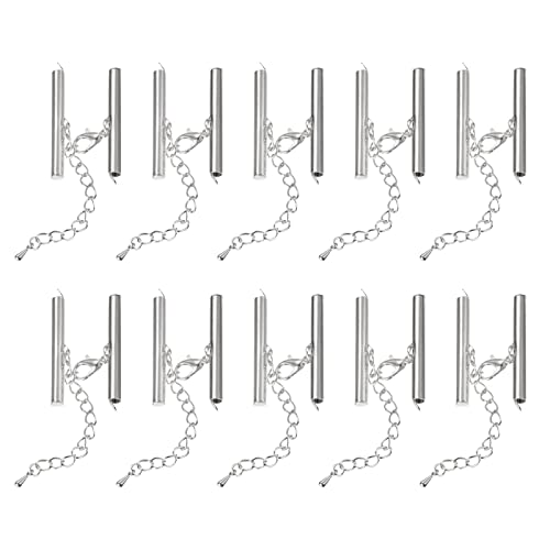 sourcing map 10 Satz Schiebeschließen End Verschlüsse mit Karabinerverschluss & Verlängerungskette 35mm Rohr Slider Crimp Schnur Ende für DIY Basteln Silber Weiß von sourcing map