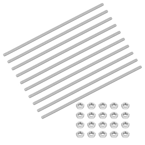 sourcing map 10 Set M5-0,8 x 200 mm Vollgewindestangen, Gewindestangen mit Muttern, 304 Edelstahl, lange Gewindeschrauben, Hardware für U-Bolzen, Anker, Klemmen, Aufhänger, Silber von sourcing map