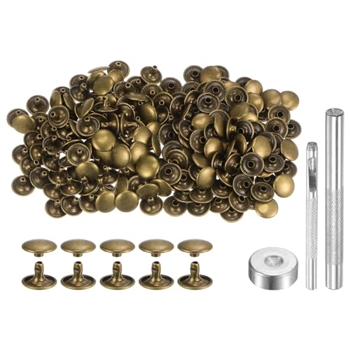 sourcing map 100 Sets Ledernieten, 8 x 12 mm, Metall-Doppelkappen-Nieten, Druckknöpfe mit 3 Setzwerkzeugen, Nieten für Lederhandwerk, DIY-Reparatur, Dekoration, Bronze von sourcing map