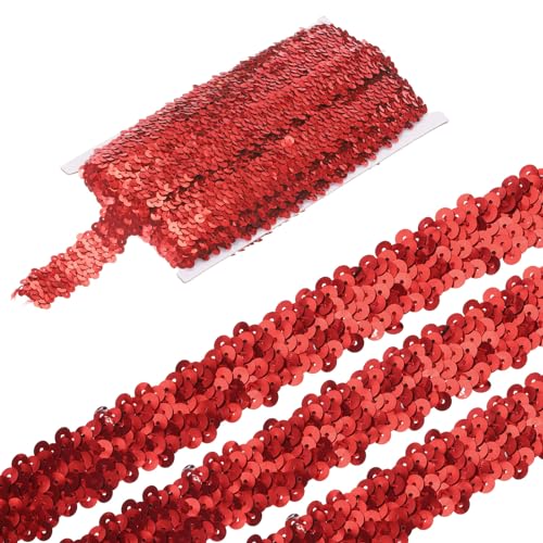 sourcing map 11 Yards 1.2 Inch Elastische Paillettenborte 3-reihig Flache Paillettenband Paillettenstoffband für Basteln DIY Paillettenfransen Nähen Rot von sourcing map