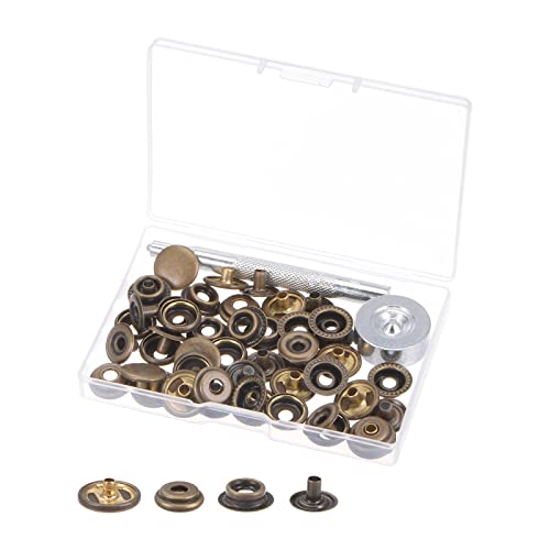 sourcing map 12 Sets Druckknöpfe Schnappverschluss, 15 mm, Metall, Kupfer, mit 2 Werkzeugen und Aufbewahrungsbox für Kleidung, Leder, Nähen, 12 Sets von sourcing map