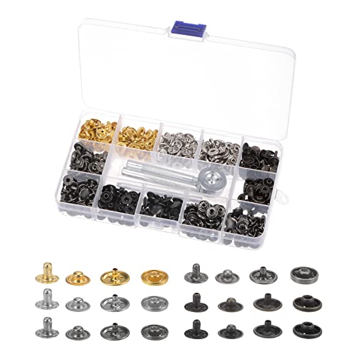 sourcing map 120 Sets Druckknöpfe, 10 mm, Metall-Druckknöpfe, Werkzeug mit 4 Werkzeugen und Aufbewahrungsbox für Kleidung, Leder, Nähen, 120 Sets von sourcing map